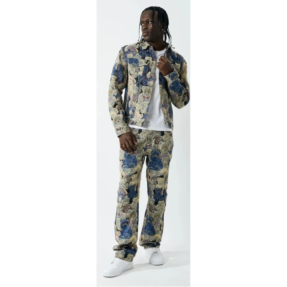 Kindred Men Teddy Bear Tapestry Jacquard 2 Piece Set Trucker Jacket Pants Blue L